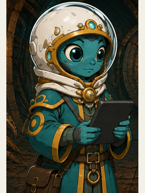 A small turquoise alien in a teal and gold coat holds a tablet inside the fossil archive.