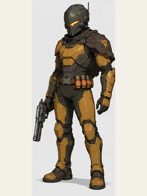 An ochre-and-charcoal armored bounty hunter with an amber helmet slit holds a pistol.