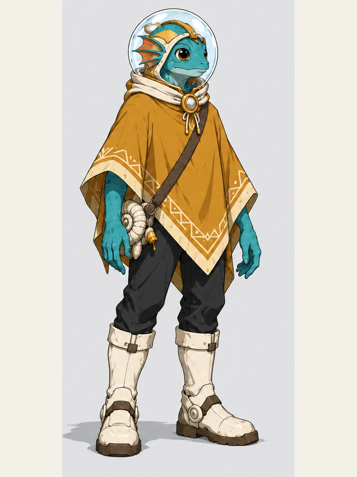 Turquoise aquatic pilot Neri wears a mustard poncho, dome helmet and ivory boots.