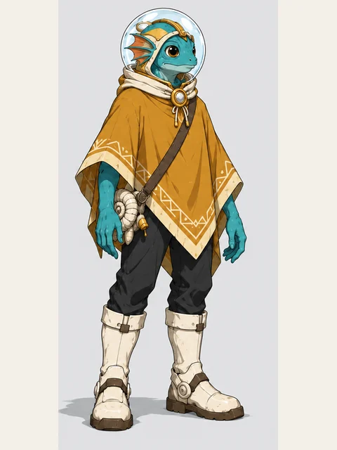 Turquoise aquatic pilot Neri wears a mustard poncho, dome helmet and ivory boots.