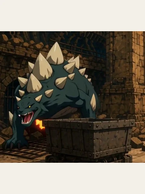 A dark blue-green beast with pale stone spikes snarls beside a mining cart.