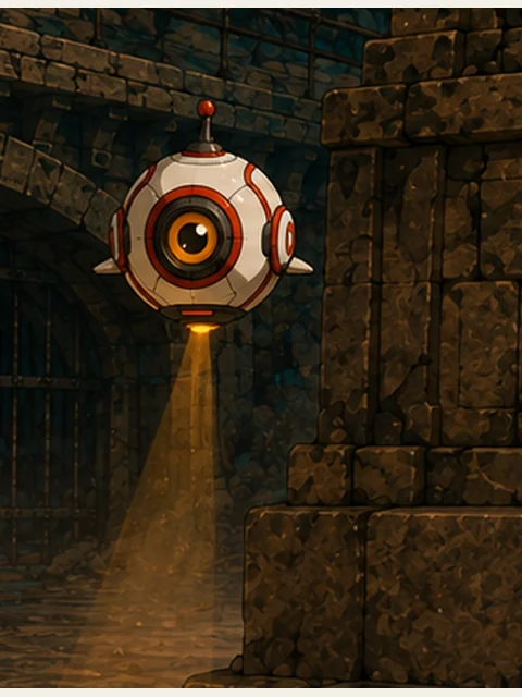 An ivory spherical drone with an amber optic casts a scan cone onto the ruin floor.