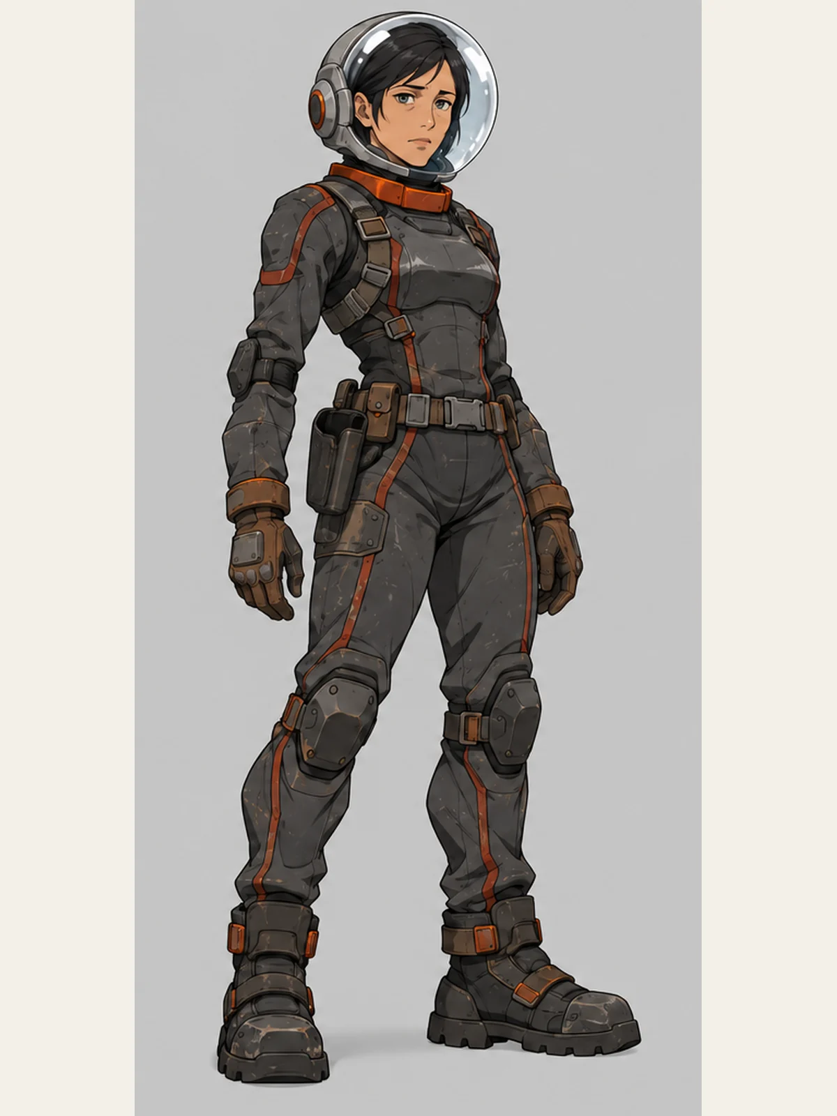 Sera Kade wears a slate-gray maintenance suit with rust-orange trim and a clear helmet.