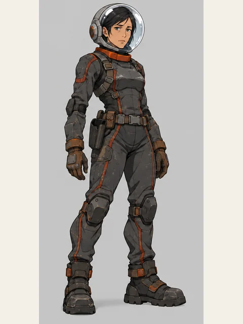 Sera Kade wears a slate-gray maintenance suit with rust-orange trim and a clear helmet.