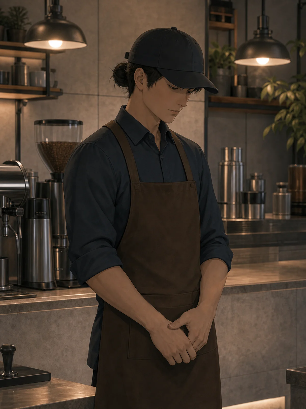 A dark-haired cafe worker in a plain dark cap, muted shirt and brown apron stands behind the counter.