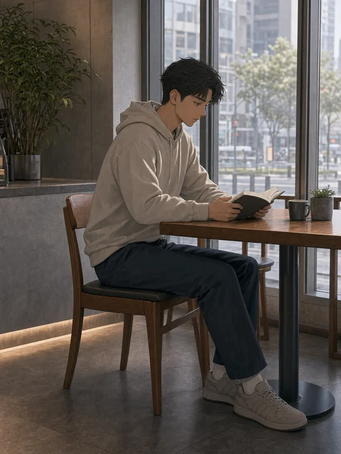 A dark-haired cafe customer in an oatmeal hoodie reads a book beside a tall window.