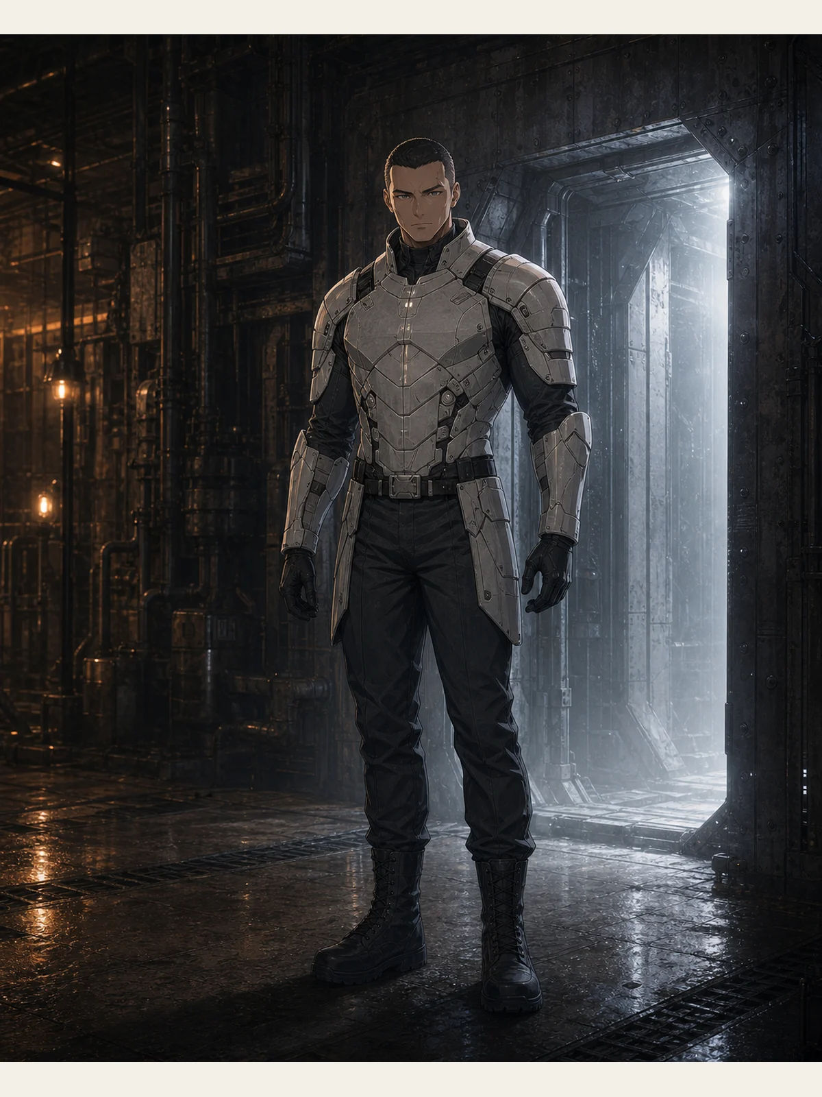 Warden Vale stands alone in bone-colored armor at a factory doorway.