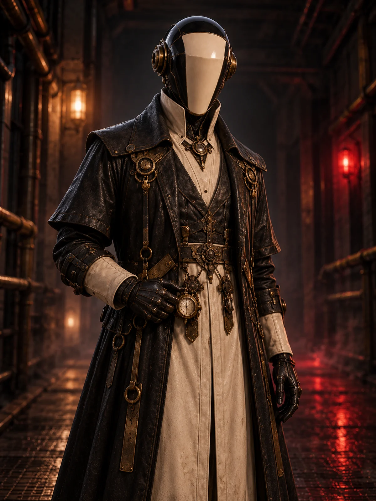 The Inspector in his black coat, holding a brass chronometer beneath a blank ivory faceplate.