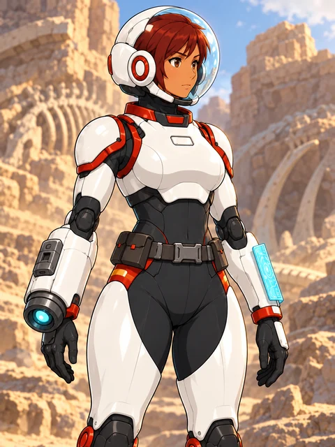 Mara Voss in white armor with red-orange trim, a clear helmet, and her two different wrist tools.