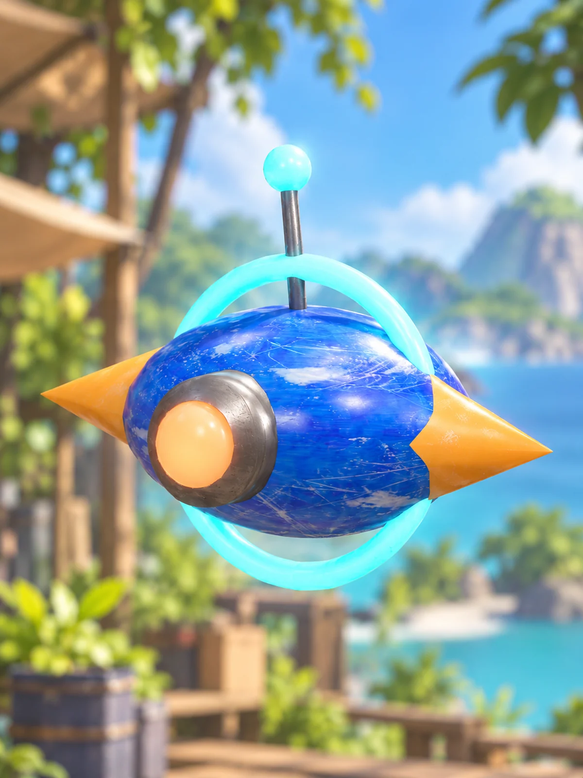 The blue Island V4 Mote drone with its amber optic, orange fins, and cyan ring.