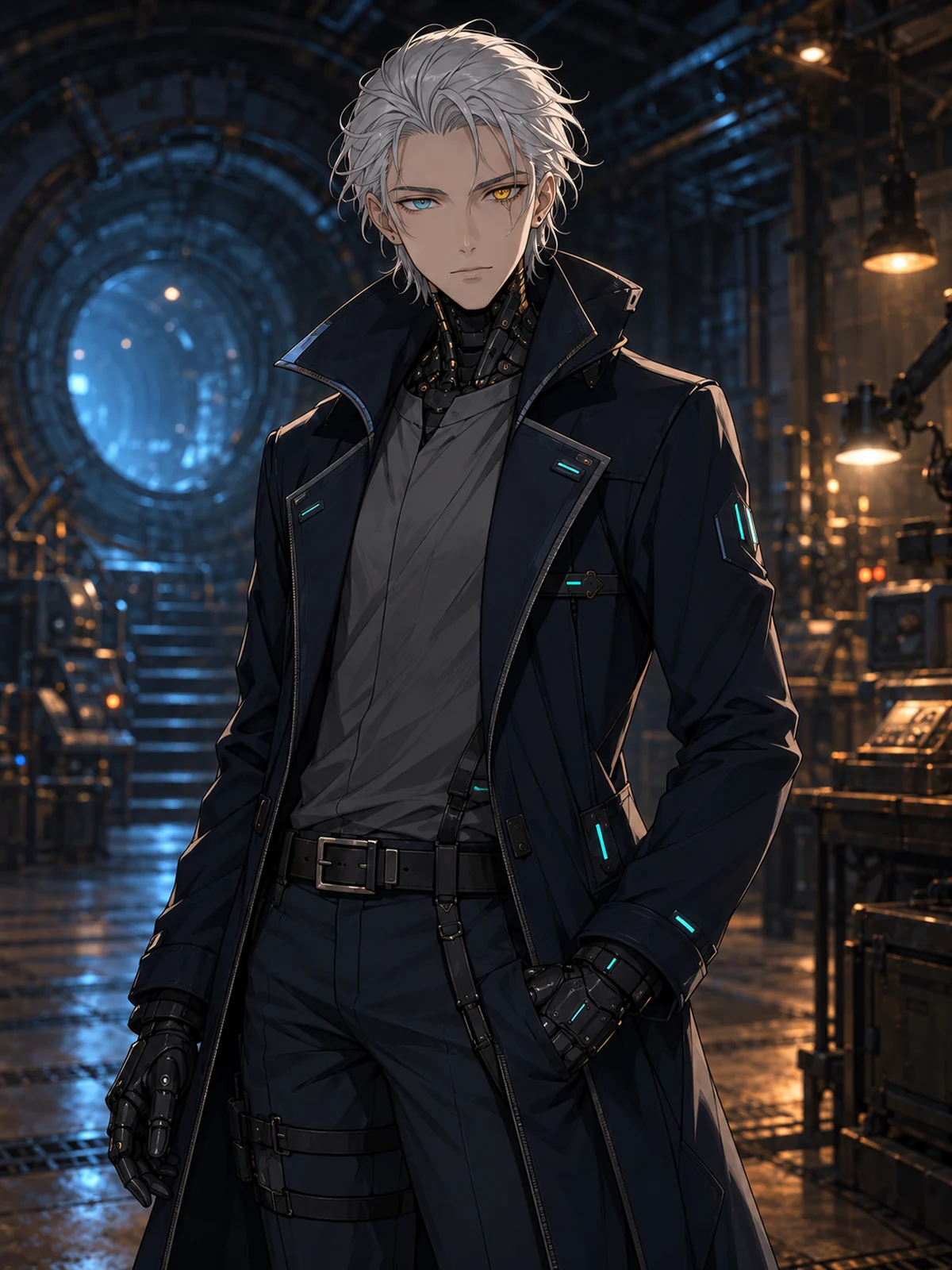 Pax Nine with silver hair, a navy coat, and differently colored eyes.
