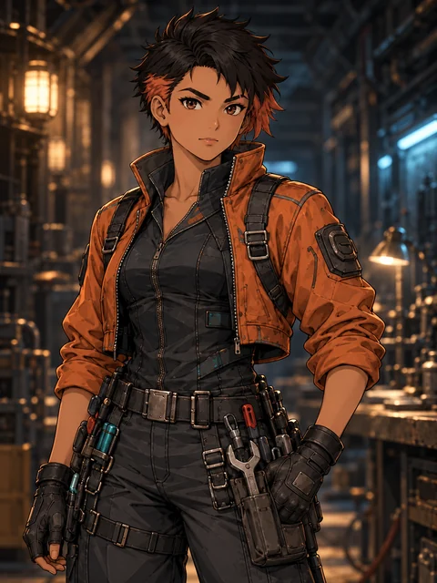 Rin Calder in her orange field jacket, with short dark hair and a tool belt.