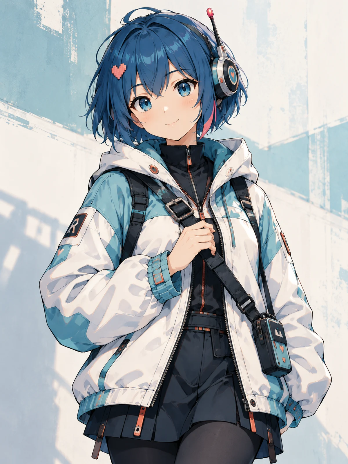 Rosie with her blue bob, headset, white-and-teal jacket, and utility strap.