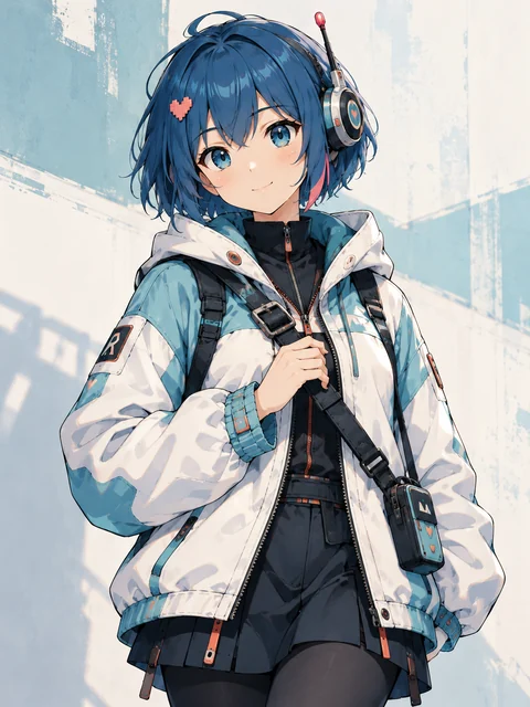 Rosie with her blue bob, headset, white-and-teal jacket, and utility strap.