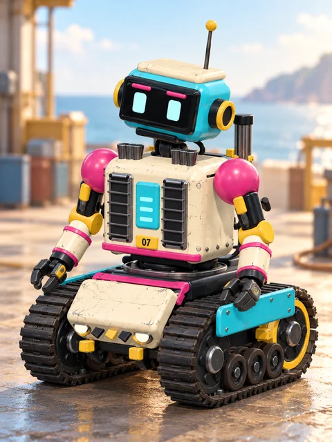 Seven, the cream-and-teal tracked robot, in a sunlit workshop.