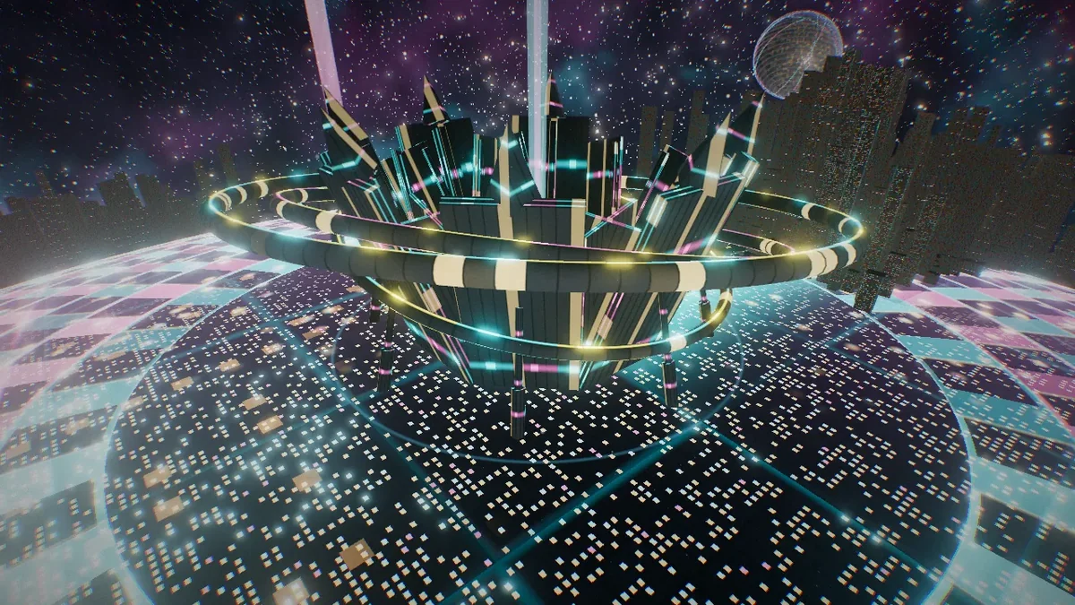 The crown of petals and gimbal rings above the pit.