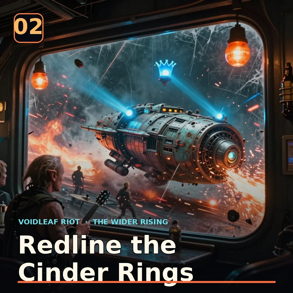 The Bent Comet banks through glowing mineral debris while blue patrol lights follow behind the band. Published album artwork.