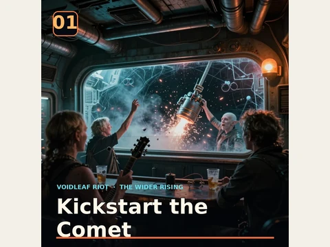 Voidleaf Riot plays inside the Bent Comet as docking clamps break loose and sparks cross the forward glass. Published album artwork.