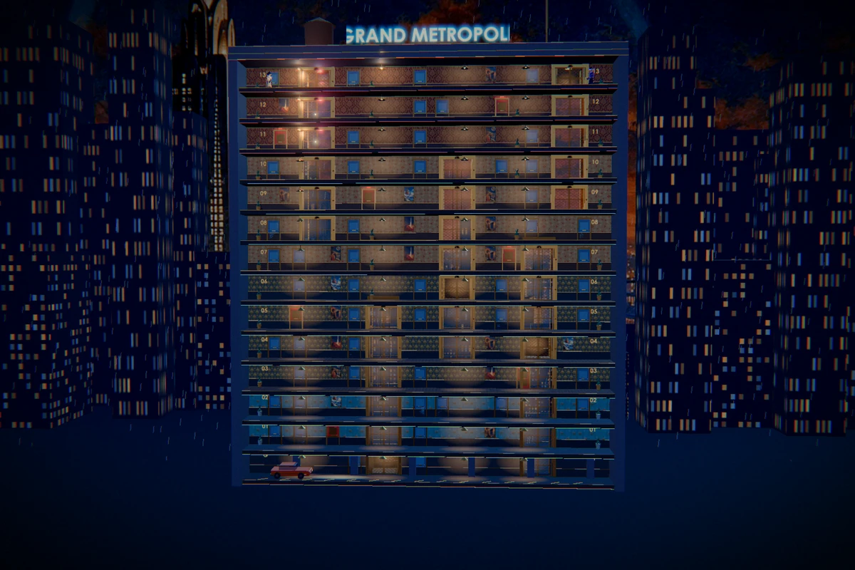 The Grand Metropole’s fourteen-floor hotel and five elevator shafts.