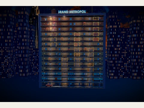 The Grand Metropole’s fourteen-floor hotel and five elevator shafts.