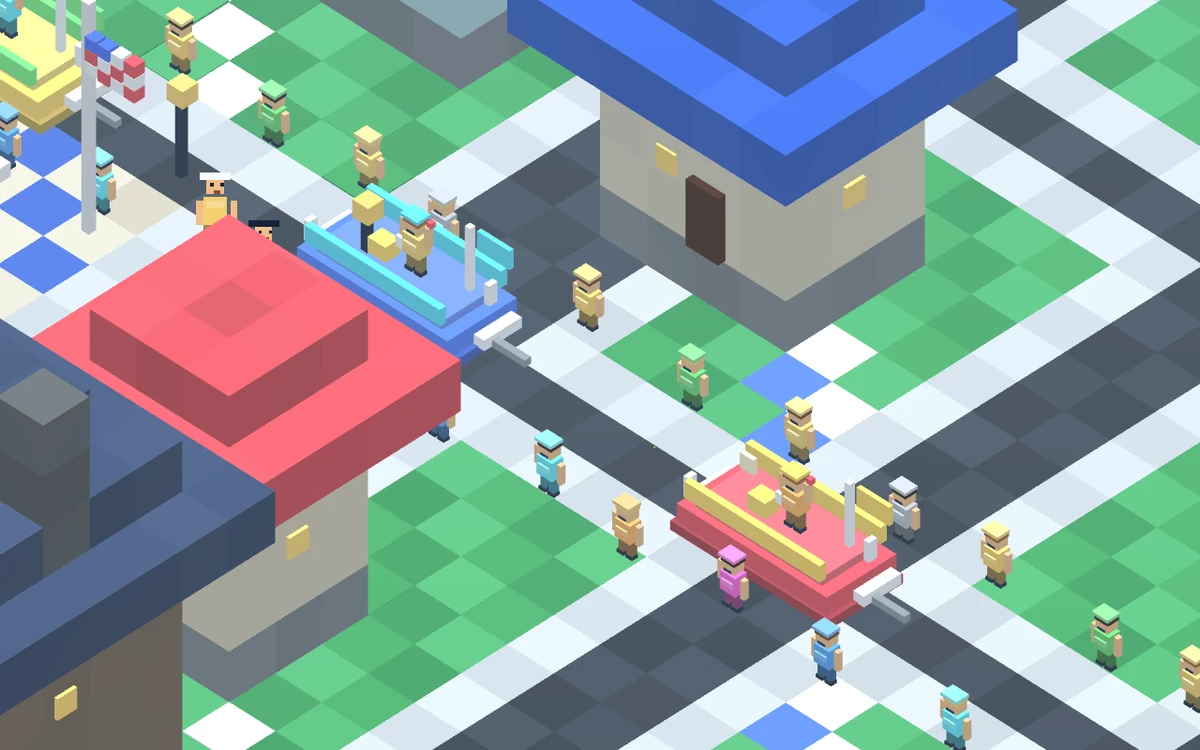 The parade passes between the town’s voxel buildings.