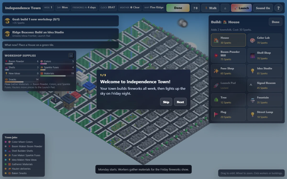 The wider town grid and building controls in the project’s native interface.
