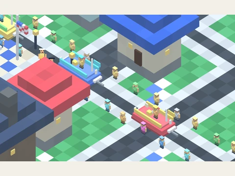 The parade passes between the town’s voxel buildings.