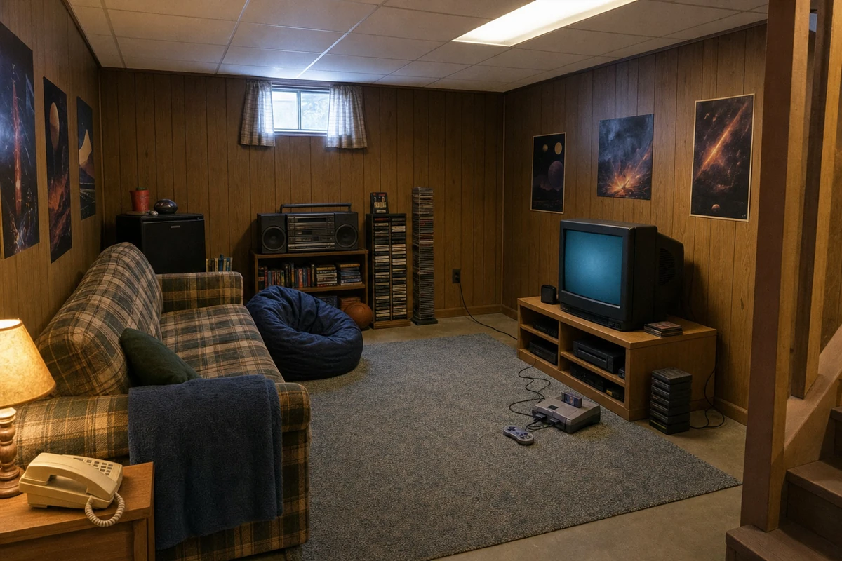 The wood-paneled den, with a plaid couch facing the CRT television.