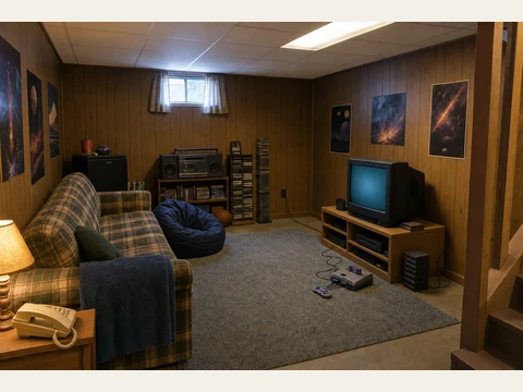 The wood-paneled den, with a plaid couch facing the CRT television.