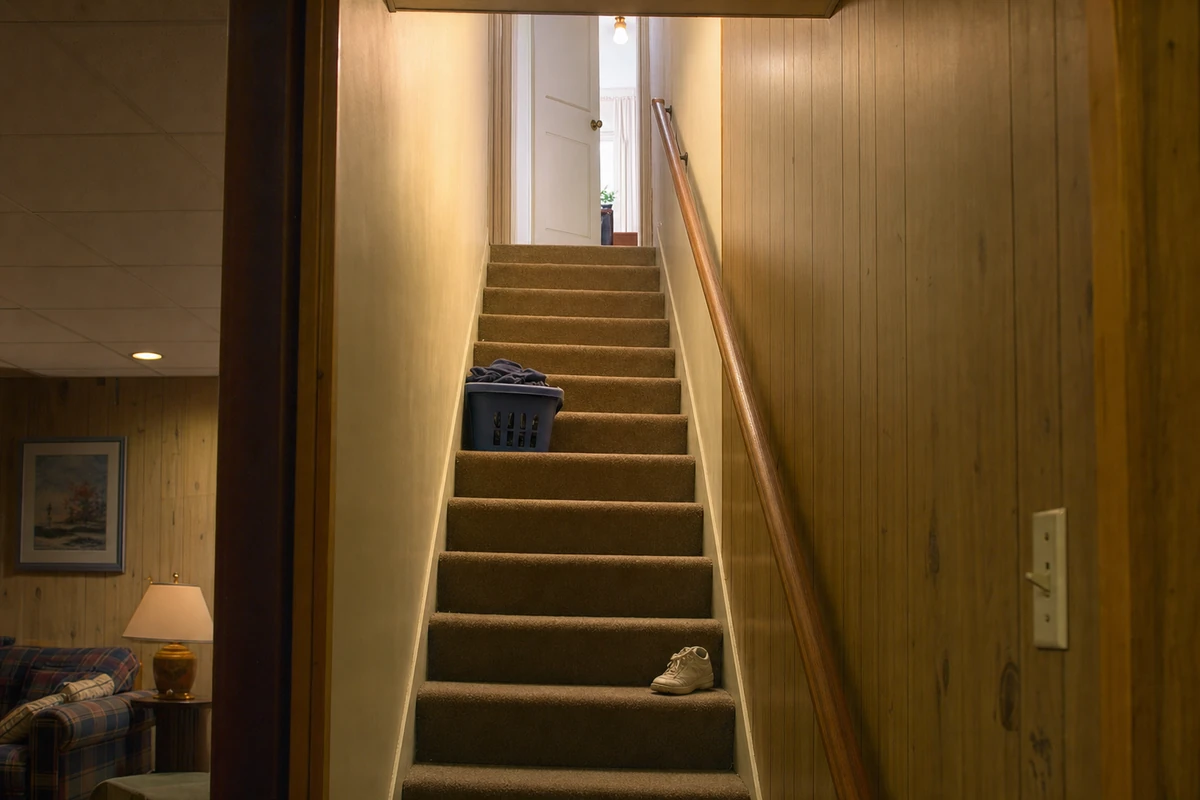 The carpeted stairs from the basement den to the front hall.