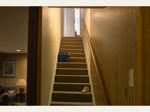 The carpeted stairs from the basement den to the front hall.