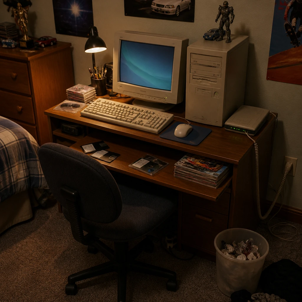 The bedroom desk, with a beige computer and CRT monitor.