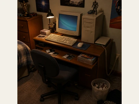 The bedroom desk, with a beige computer and CRT monitor.