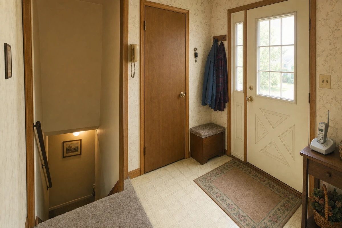 The front hall above the basement stairs.