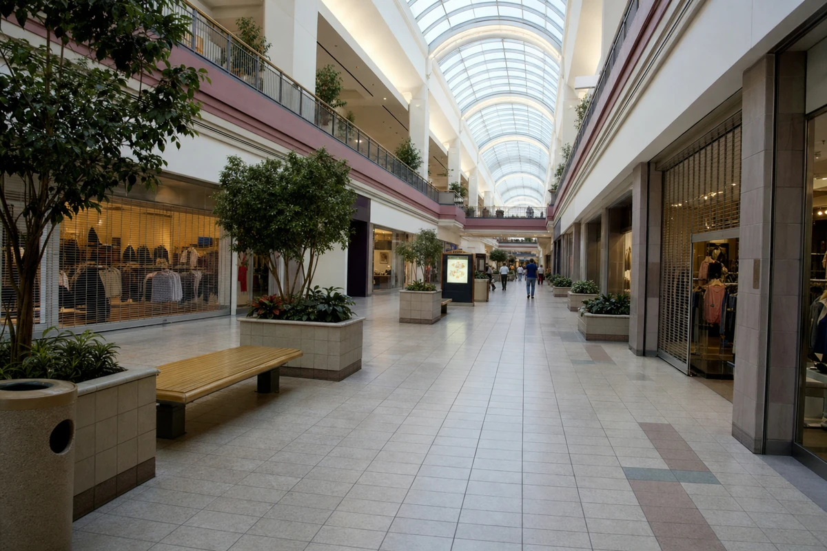 The skylit mall concourse, with planters, benches and storefronts.