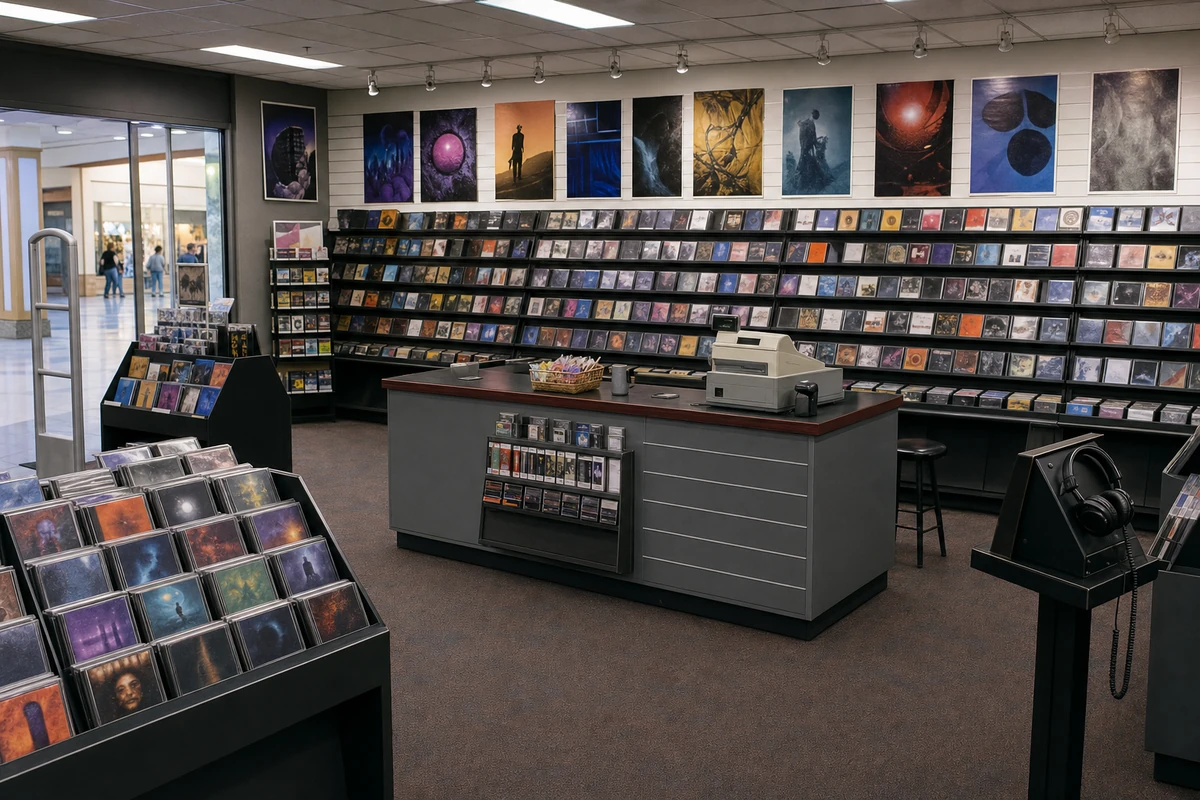The record store, with CD racks and a checkout counter.