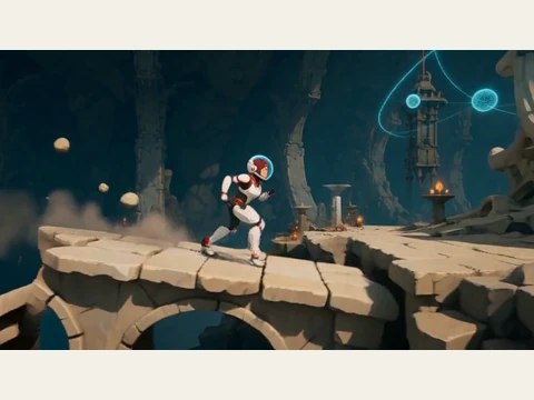 Mara runs across the cracking bridge in The Archive Answers.