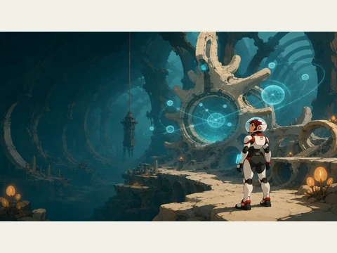 The archive landing beneath the suspended sentinel.