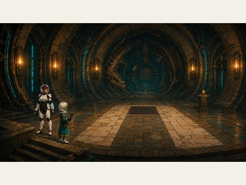 The ribbed vault and the pale path around its central trap.