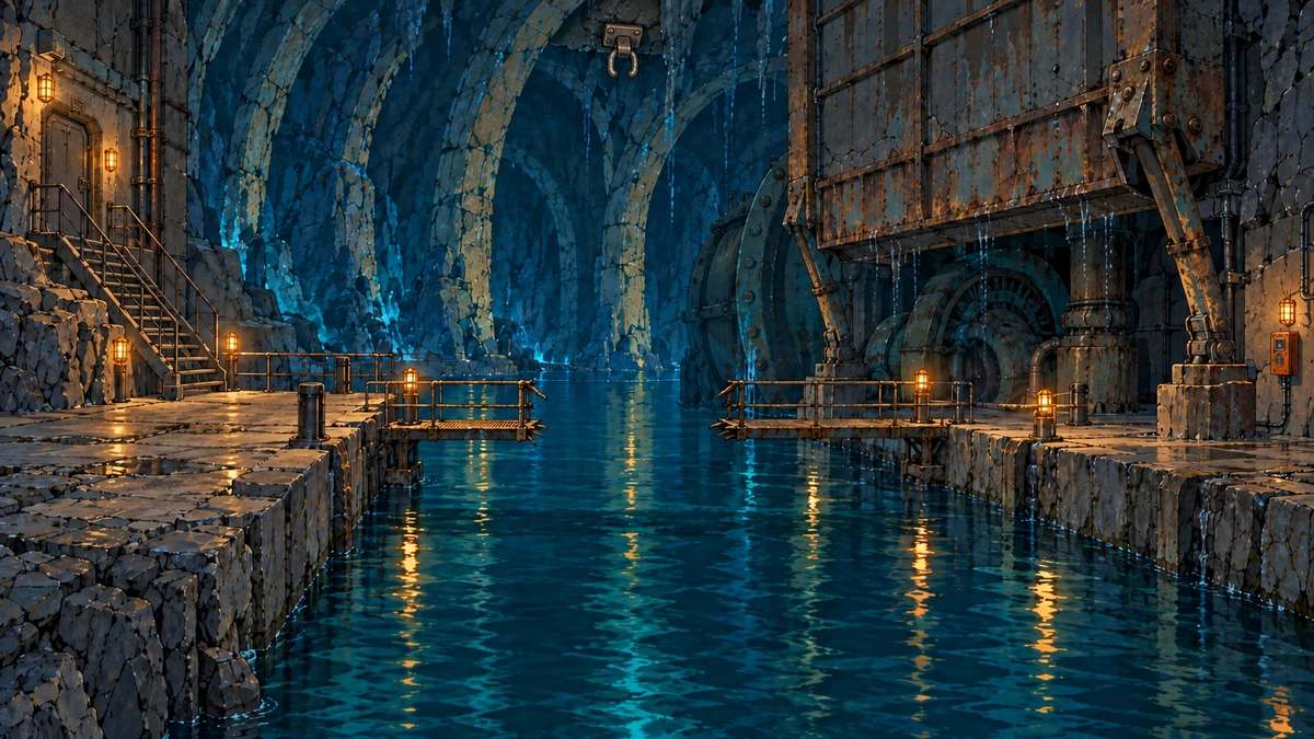 The pump chamber, with a water trench and raised walkways.
