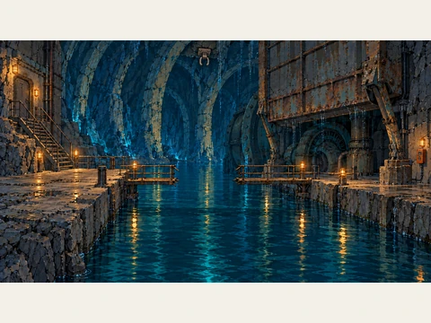 The pump chamber, with a water trench and raised walkways.