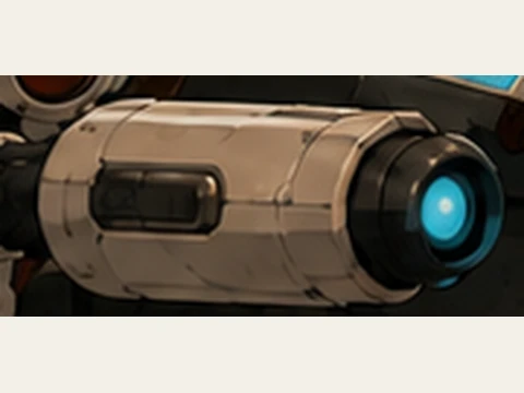 The round cyan muzzle of Mara’s right-forearm Survey Bolt.