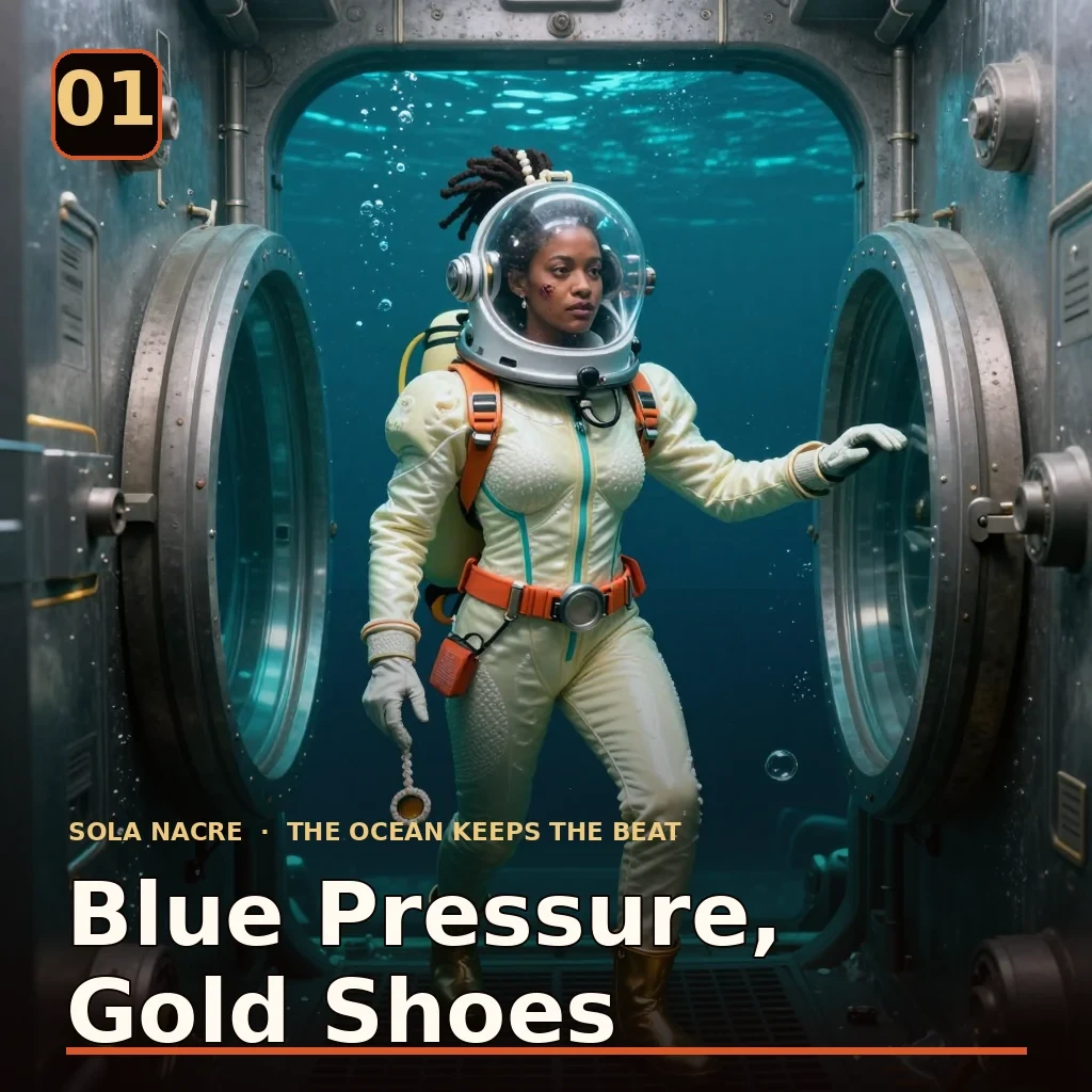Sola braces gold-soled dive boots against a flood-lock grate at a blue-pressure threshold. Published album artwork.