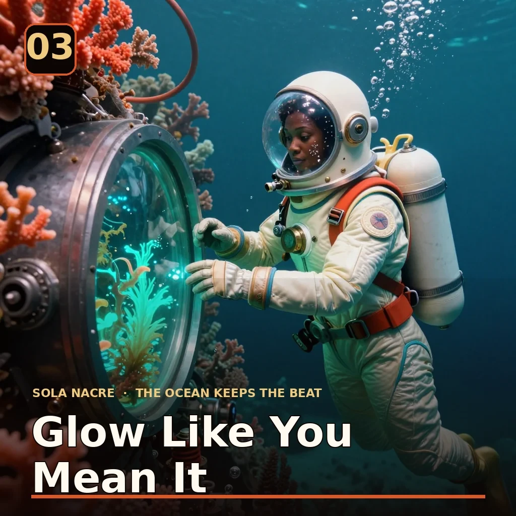 Sola primes a pump as engineered bioluminescence returns through coral-glass channels. Published album artwork.