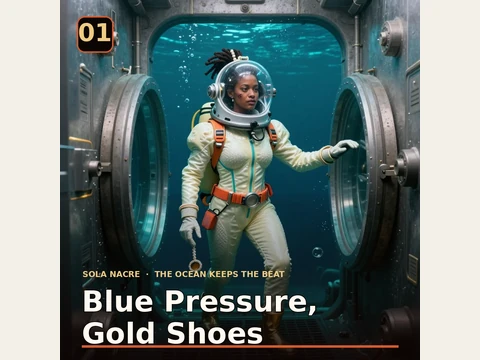 Sola braces gold-soled dive boots against a flood-lock grate at a blue-pressure threshold. Published album artwork.