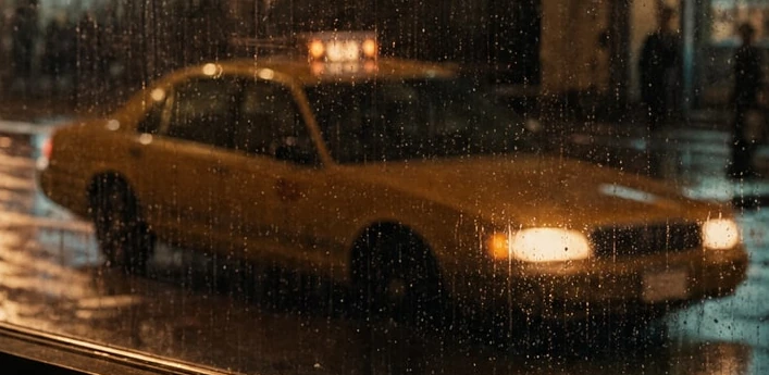 The yellow taxi outside the café, seen through the rain-streaked window.