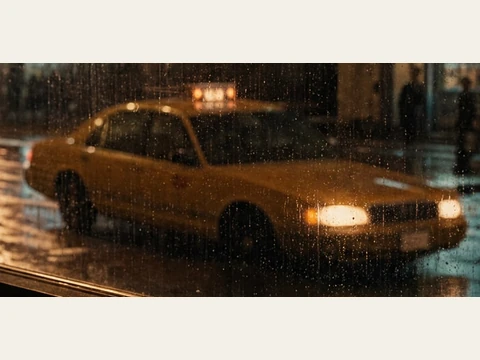 The yellow taxi outside the café, seen through the rain-streaked window.