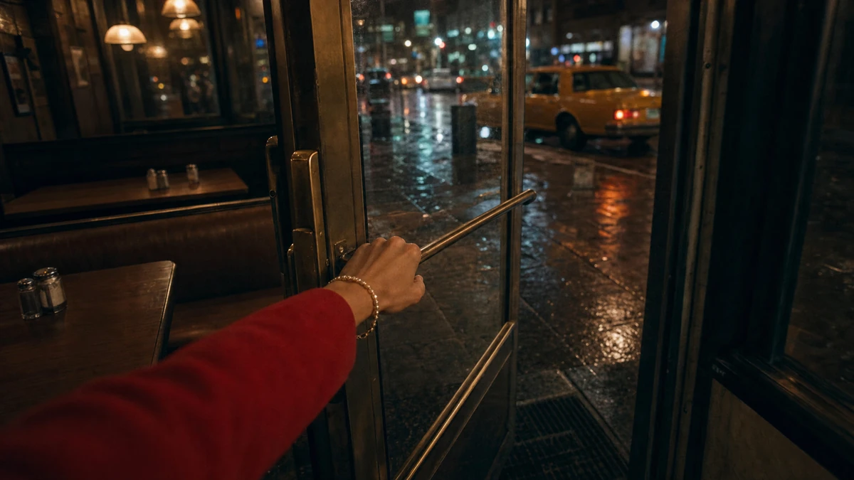 The café door opens onto the rainy street in the cab-ride production keyframe.