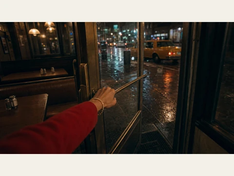 The café door opens onto the rainy street in the cab-ride production keyframe.
