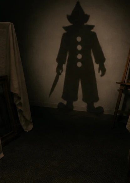 The pointed hat, ruff and knife of the Clown Shadow on the conservation-room wall.